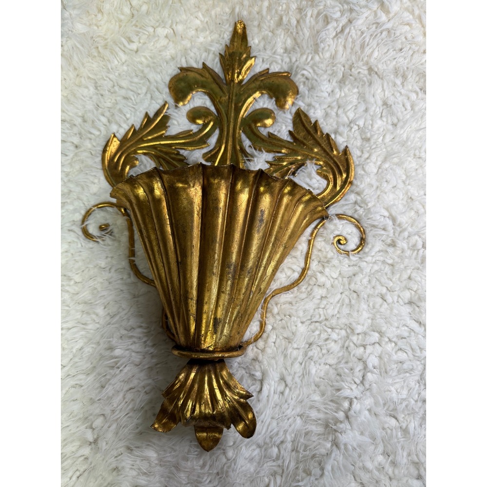 Vintage Gold Metal Wall Pocket Planter Ornate Acanthus Fleur De Lis Sconce 21in